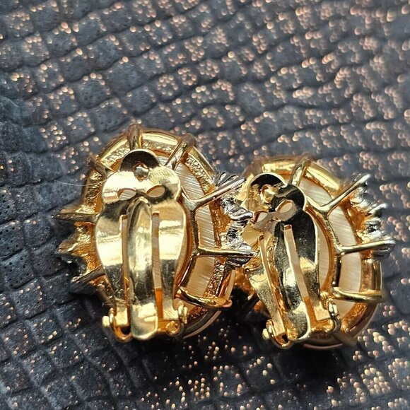 Vintage Gold Tone Clip-On Very Large Faux Pearl Earrings With Rhinestone Accents - Picture 4 of 10